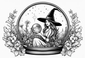 Witch hat sitting on top of a crystal ball sitting on wildflowers tattoo idea