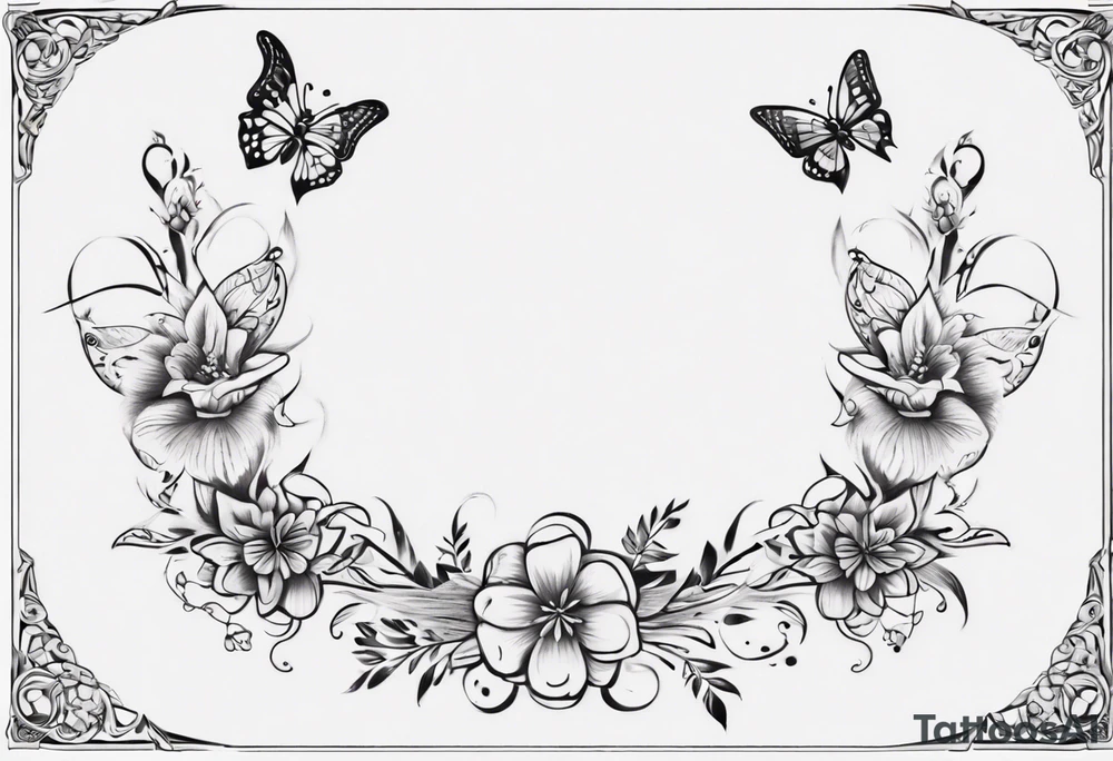 Ankle bracelet tattoo with ornamental style flowers and butterflies and larger in the centre tattoo idea