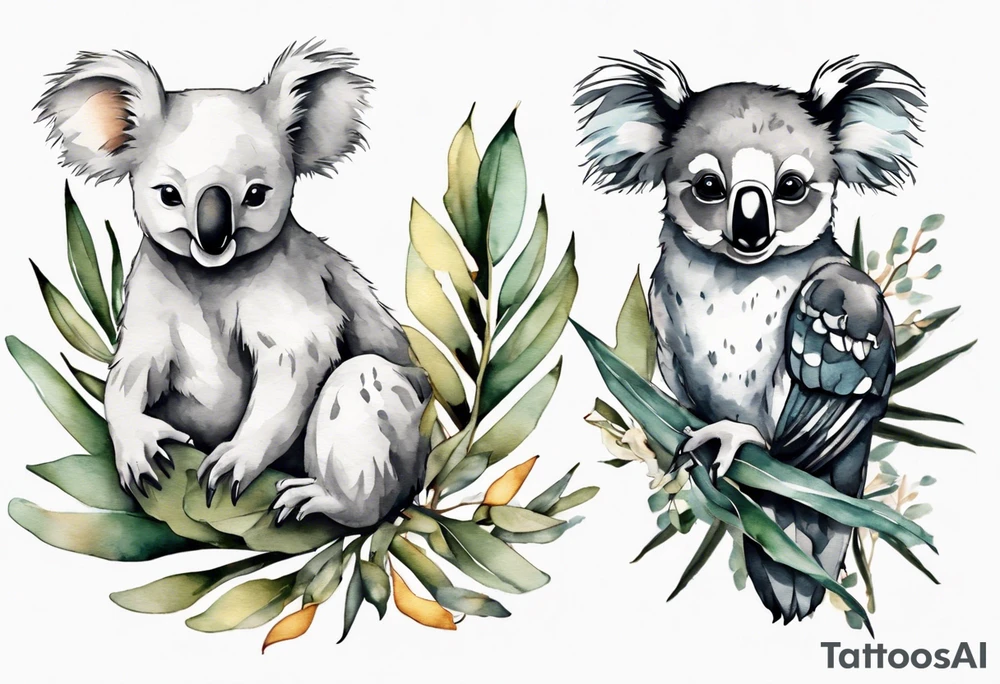 a koala and a kookaburra sitting on wattle and eucalyptus leaves tattoo idea
