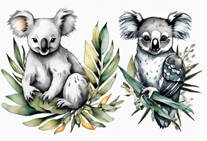 a koala and a kookaburra sitting on wattle and eucalyptus leaves tattoo idea
