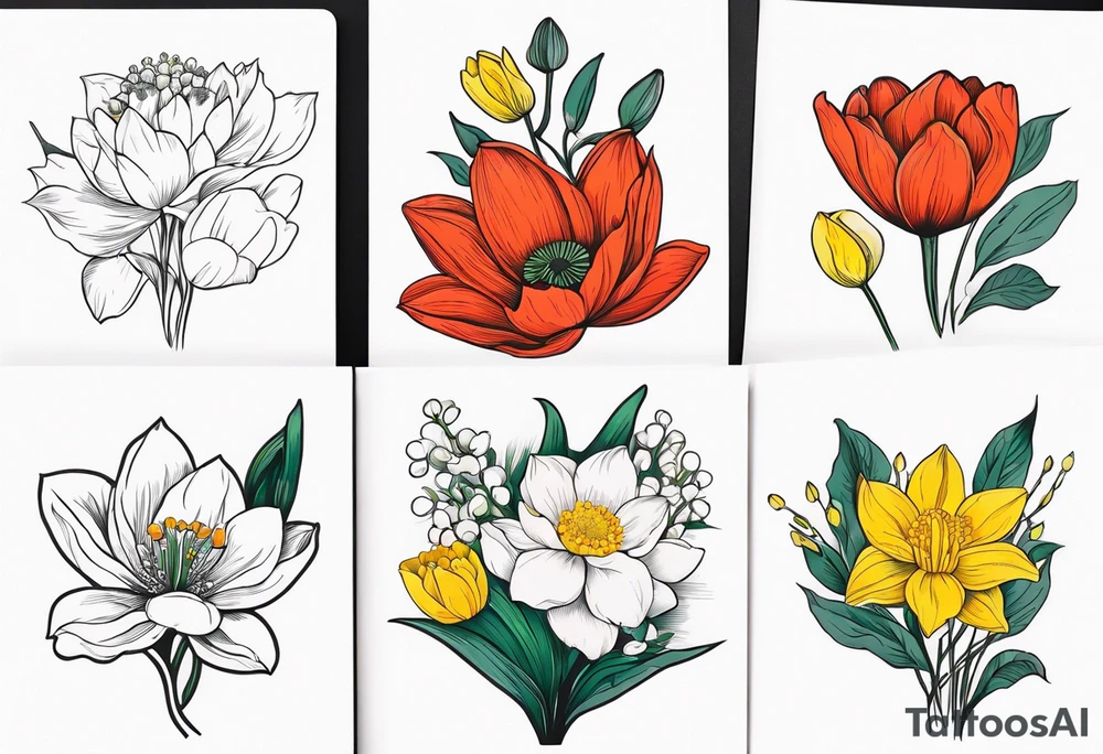 Poppy, water lily, Lily of the valley, daffodil, cosmo flower bouquet, portrait style tattoo idea