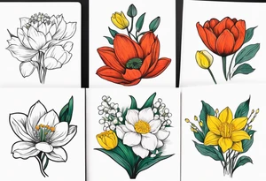 Poppy, water lily, Lily of the valley, daffodil, cosmo flower bouquet, portrait style tattoo idea