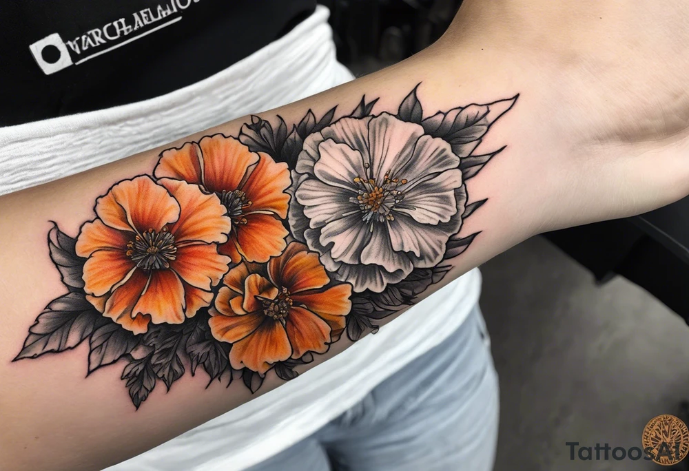 Left forearm tattoo of sunset and carnations on the outside of the forearm and on the inside there will be marigolds and a small skull tattoo idea