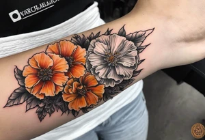 Left forearm tattoo of sunset and carnations on the outside of the forearm and on the inside there will be marigolds and a small skull tattoo idea