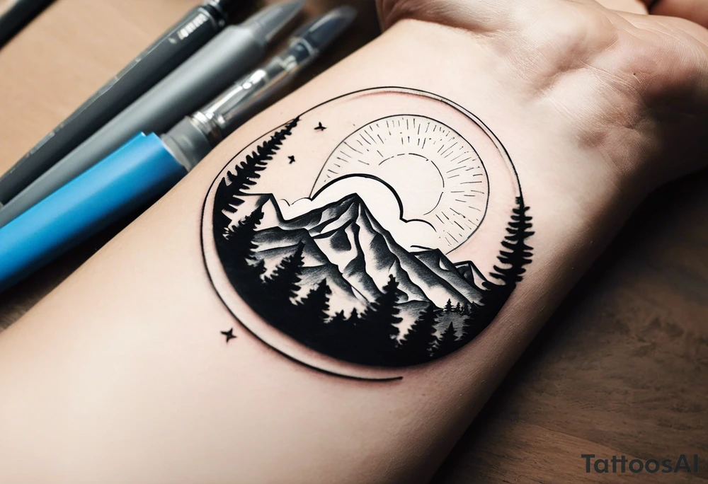 create me a tattoo that wraps around my forearm. I want this to be line work with a little realism. it should have half of the Argentine sun in line work, a portion should be the top of the congreso national de argentina, another should be argentina's national tree and then include a portion of a little house on top of a mountain looking over to more mountains of Patagonia. this should all be in black and white tattoo idea