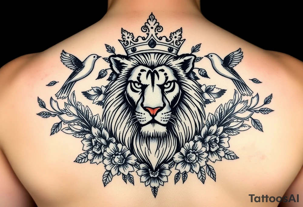 powerful majestic lion with a crown, surrounded by floral ornaments and birds tattoo idea