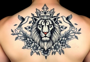 powerful majestic lion with a crown, surrounded by floral ornaments and birds tattoo idea