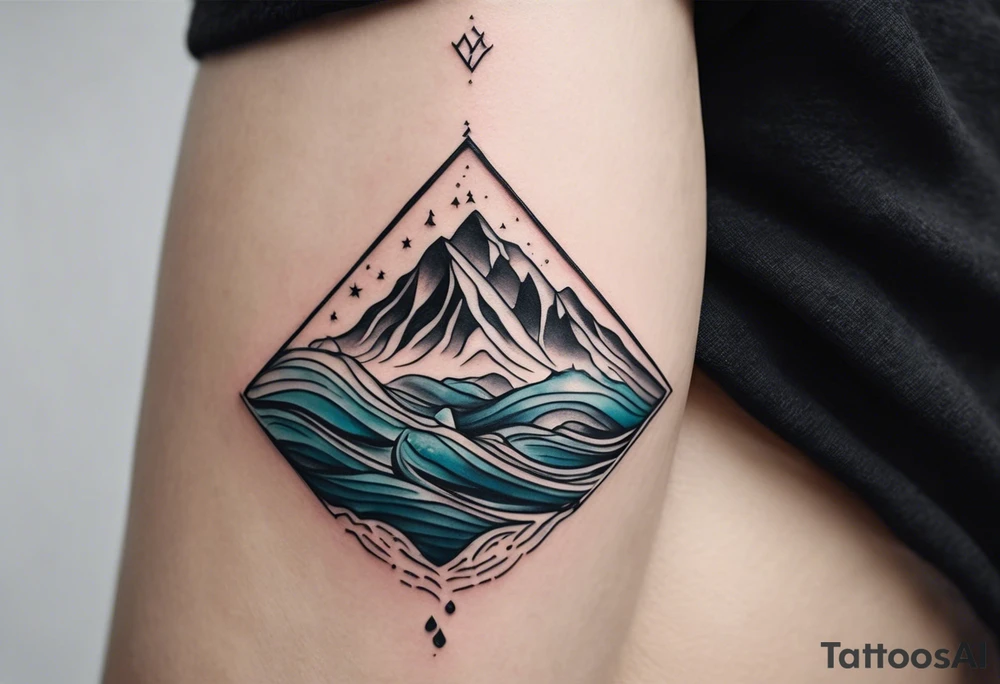 This is a minimalistic tattoo that is split into 2 sections; a top half and a bottom half. The top half is a mountain in Norway with a mountain bike trail winding down the mountain. The bottom half of the tattoo depicts an underwater scene featuring water, and sea life. tattoo idea