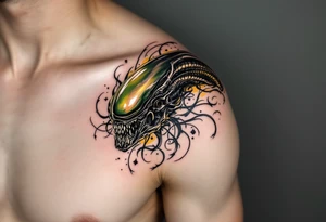 A Xenomorph’s elongated skull blending into abstract tribal patterns, using a dark palette with in green and yellow. tattoo idea