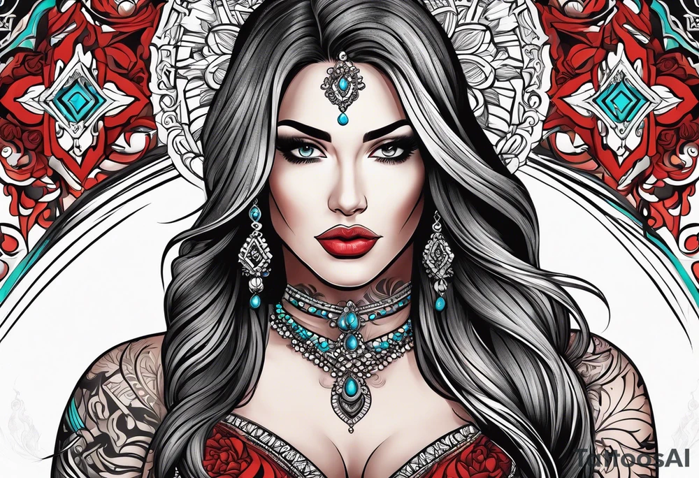 Busty red hair woman with bearded man black hair tattoo idea