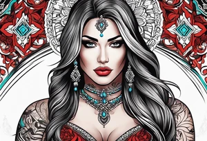 Busty red hair woman with bearded man black hair tattoo idea