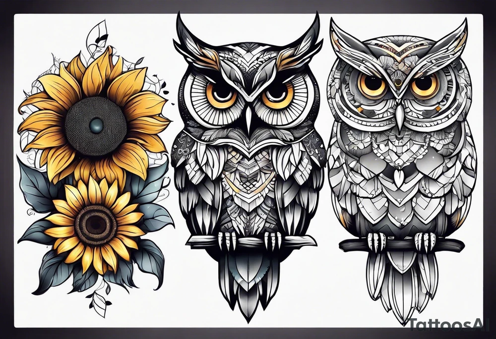 Owl, butterfly and sunflower are sleeve tattoo idea