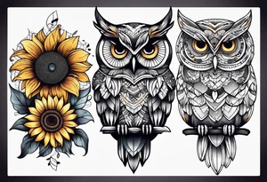 Owl, butterfly and sunflower are sleeve tattoo idea