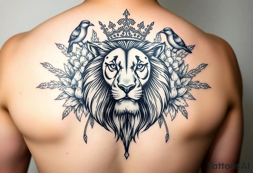 powerful majestic lion with a crown, surrounded by floral ornaments and birds tattoo idea