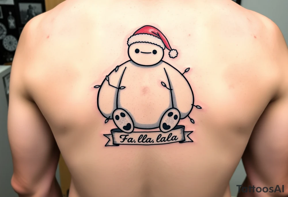 Disney Christmas themed sitting Baymax  wrapped up in Christmas lights and Santa hat with banner at bottom with "Fa-la-la-la-la" in writing tattoo idea