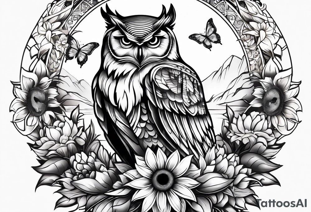 Sleeve with an owl, sunflower and butterfly tattoo idea