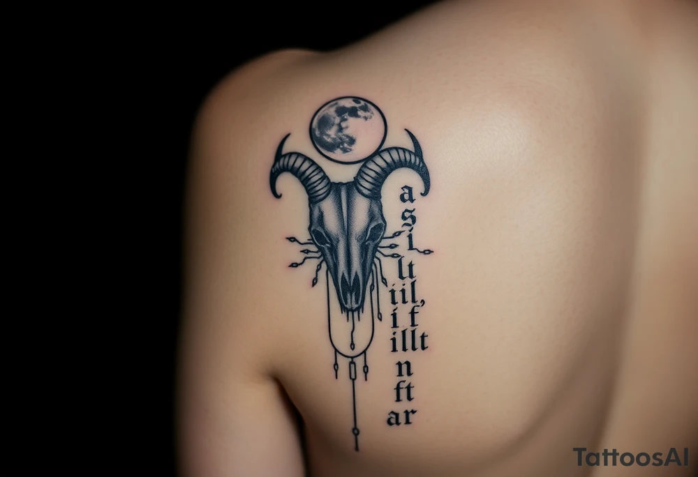 Vertical forearm tattoo, goat skull at wrist, new moon at top, flowing digital circuits connecting elements, blackletter gothic text vertically like 'Magic Illuminator', cyber-gothic occult style, black and gray with subtle glow tattoo idea