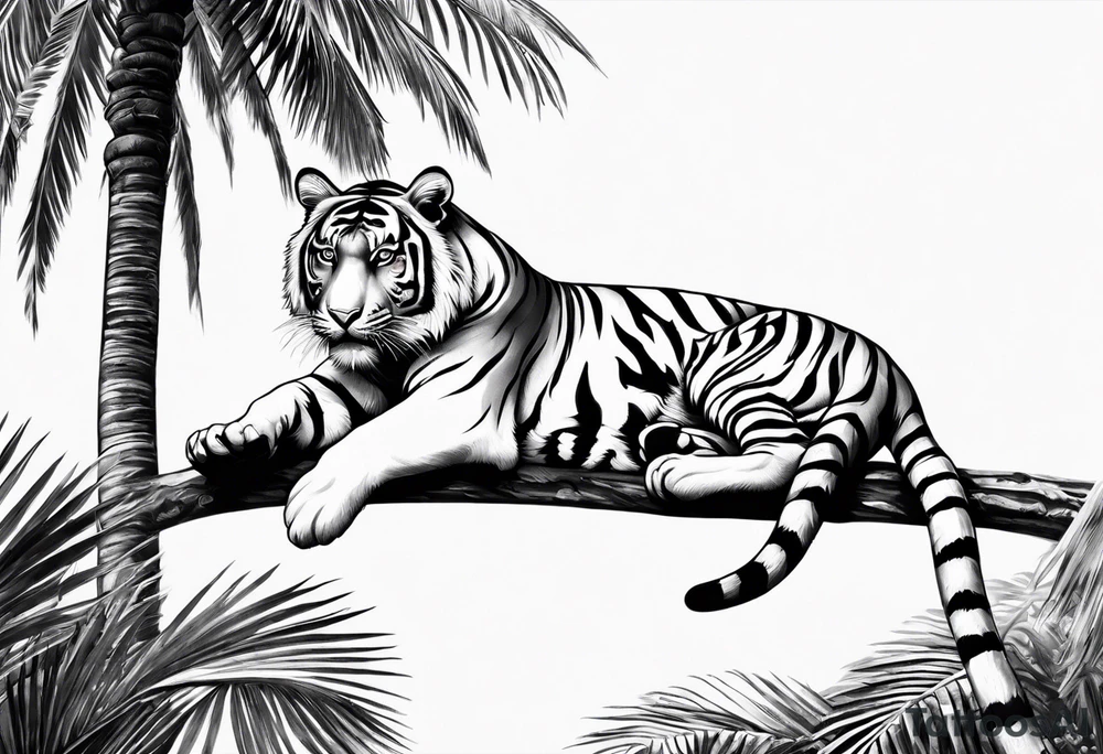 tiger laying on palm tree tattoo idea