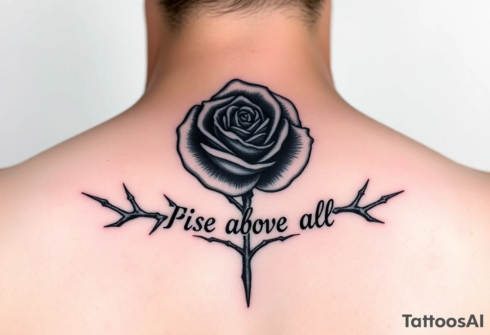rose tattoo with thorns saying rise above all tattoo idea