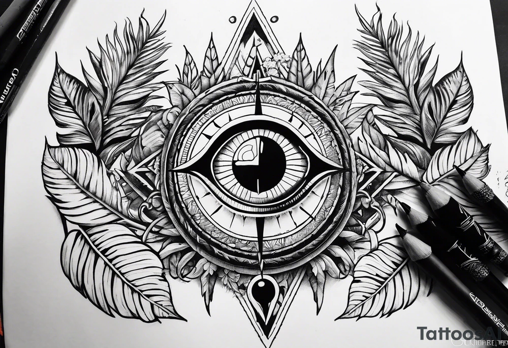 jungle plants, compass, all-seeing eye tattoo idea