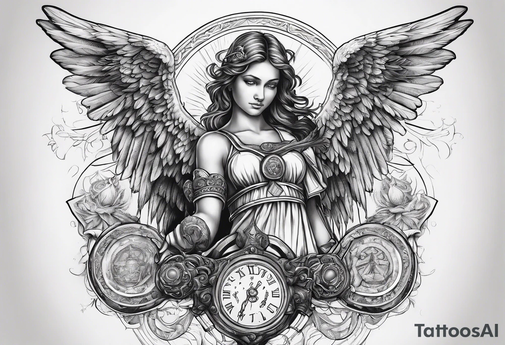 Angel with a torch showing the way with alchemy symbols in the background tattoo idea