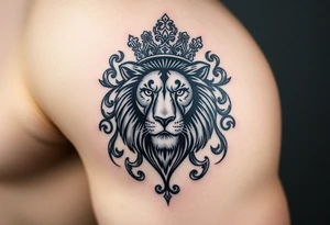 majestic lion wearing ornate crown, surrounded by baroque flourishes tattoo idea