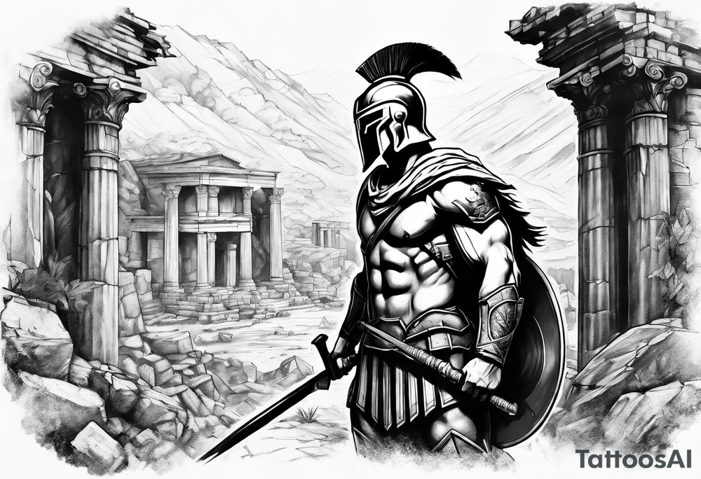 Spartan solider with ruins in forground tattoo idea