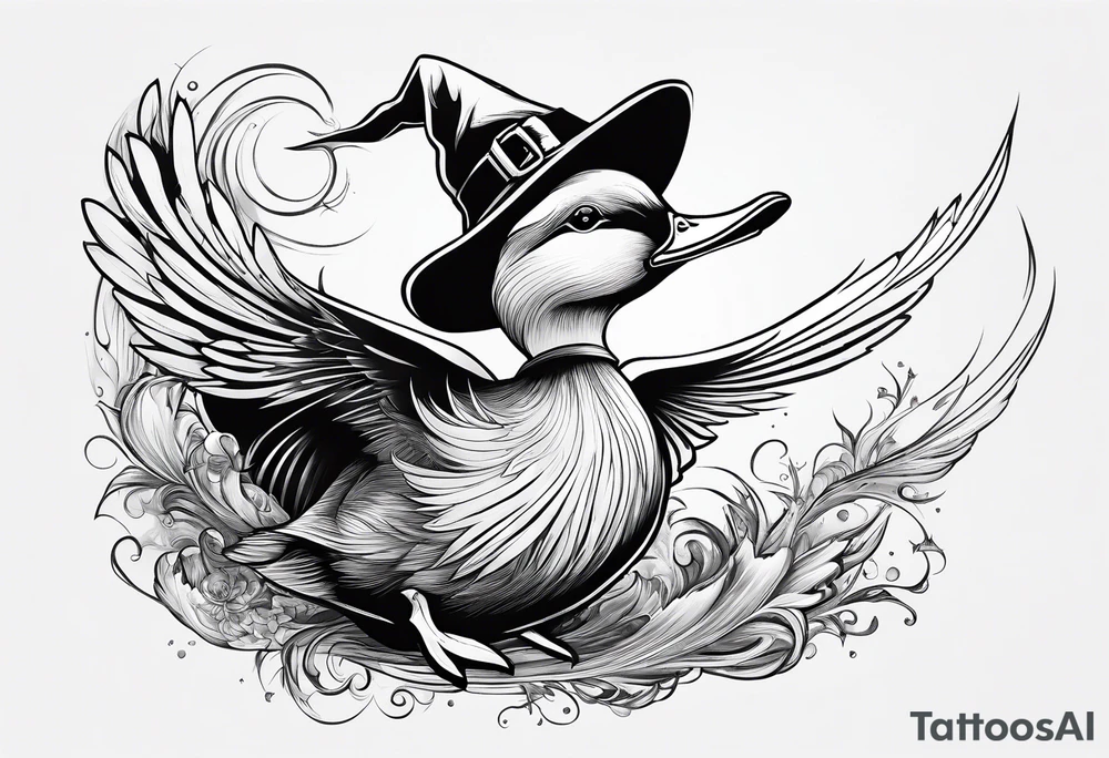 Dabbling Duck dressed like a wizard casting a spell with his wand tattoo idea