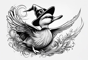 Dabbling Duck dressed like a wizard casting a spell with his wand tattoo idea