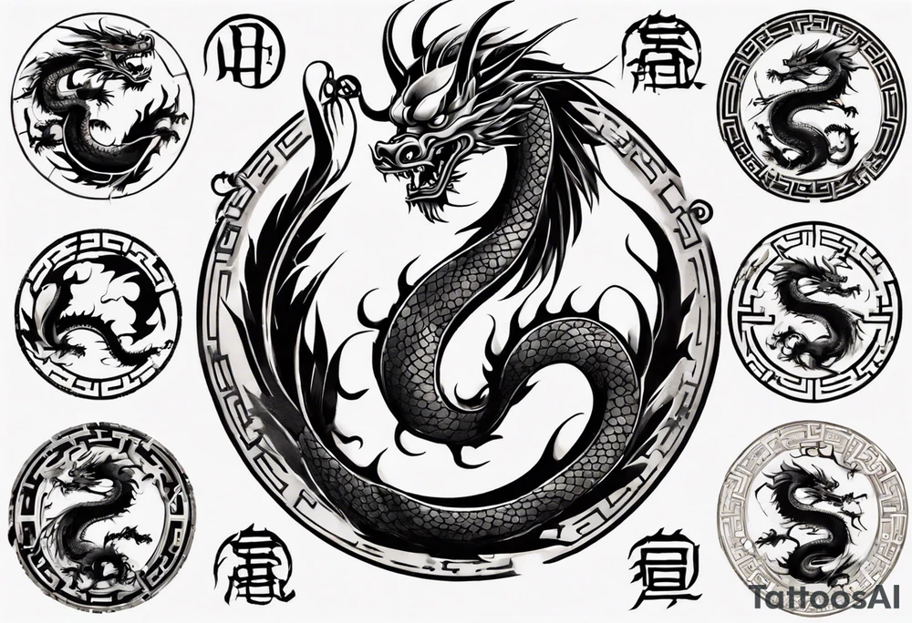 Chinese dragon in a circular shape with "02.03" written on its skin tattoo idea