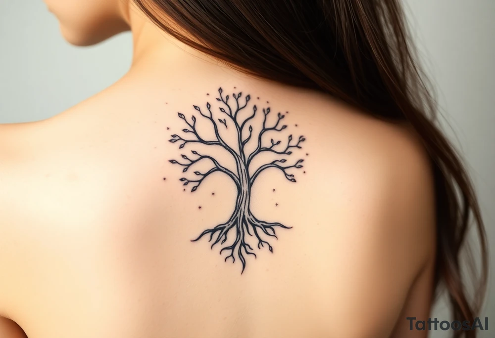 mystical tree of life with cosmic roots and celestial branches tattoo idea
