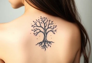 mystical tree of life with cosmic roots and celestial branches tattoo idea