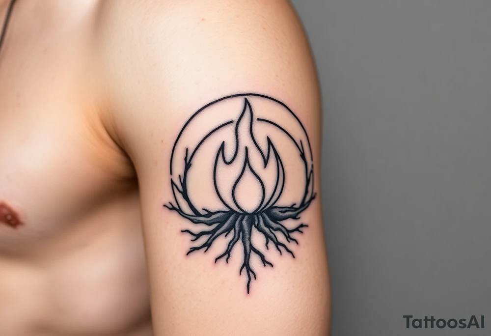 a round flame imprisoned in a roots circle tattoo idea