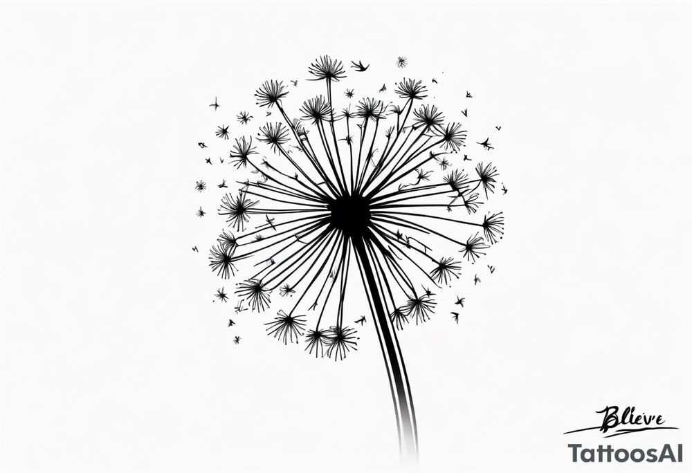 Dandelion with strow of words "believe or blow it" tattoo idea