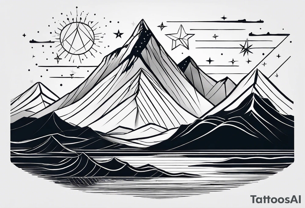 Mountain one Peak, sea waves, space with two littel Stars, geometrical Firma dashed lines overlapping tattoo idea