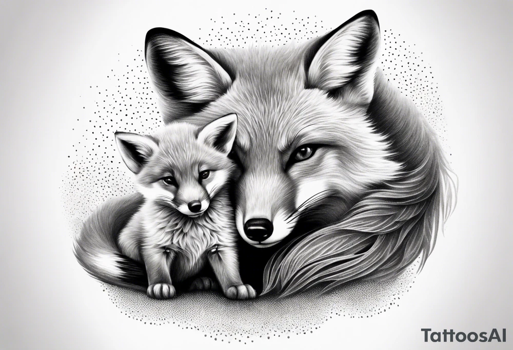 mom and baby fox, realistic, far away tattoo idea
