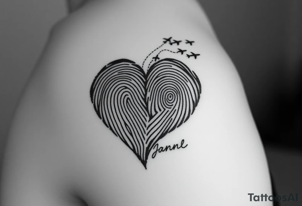 Two fingerprints merged into a heart shape, with the top right edge breaking away into a few small planes flying into the sky.

Signature Beneath the heart in the loved one’s handwriting flowing up into the heart

Take the first image and refine it. The line at the end of the signature should flow upward, creating the right side of the heart and flows into a planes design

Continue to refine the first image. Have the signature start in the left side from the scrolls in the fingerprint. Fade the fingerprint design all the way up to the top right. The entire right side of the heart should have fingerprint design in it but you should be able to distinguish the signature. The signature should be the bottom border of the heart and it's lines should define the bottom left side of the heart and should flow upwards into the plane tattoo idea