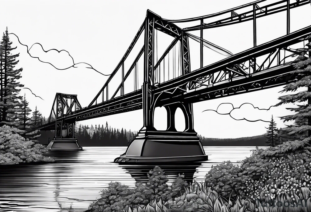 simple line art, view from under steel truss cantilever bridge tattoo idea