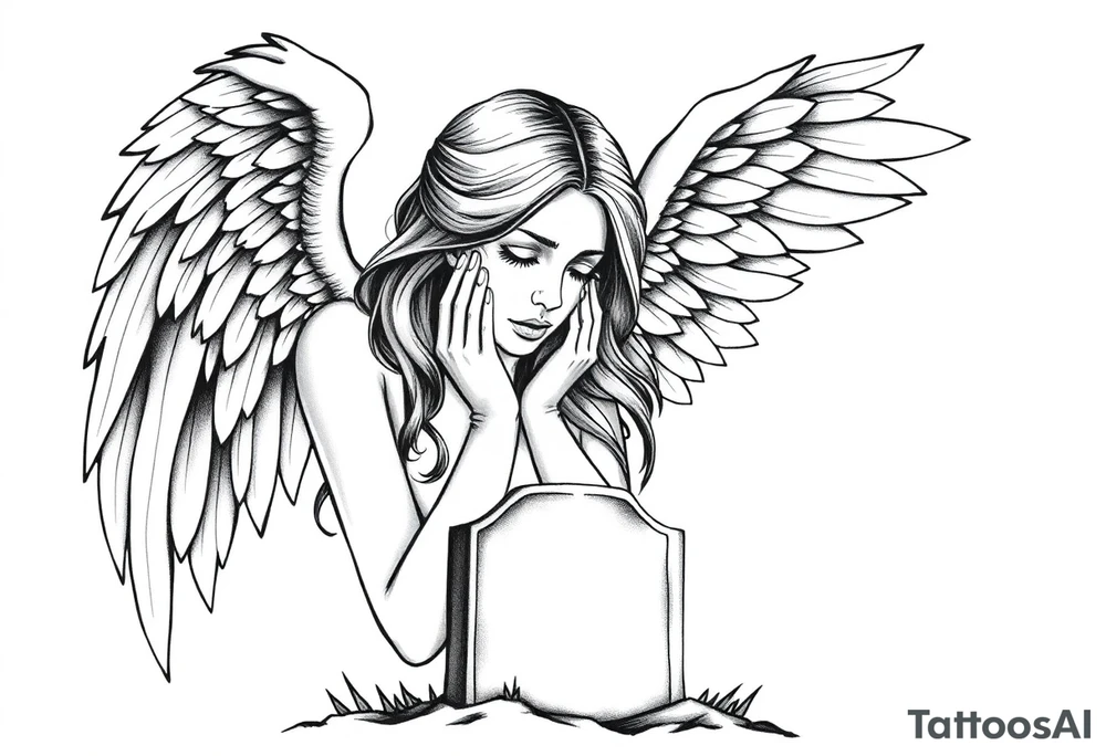 Beautiful woman angel crying over a tombstone tattoo idea