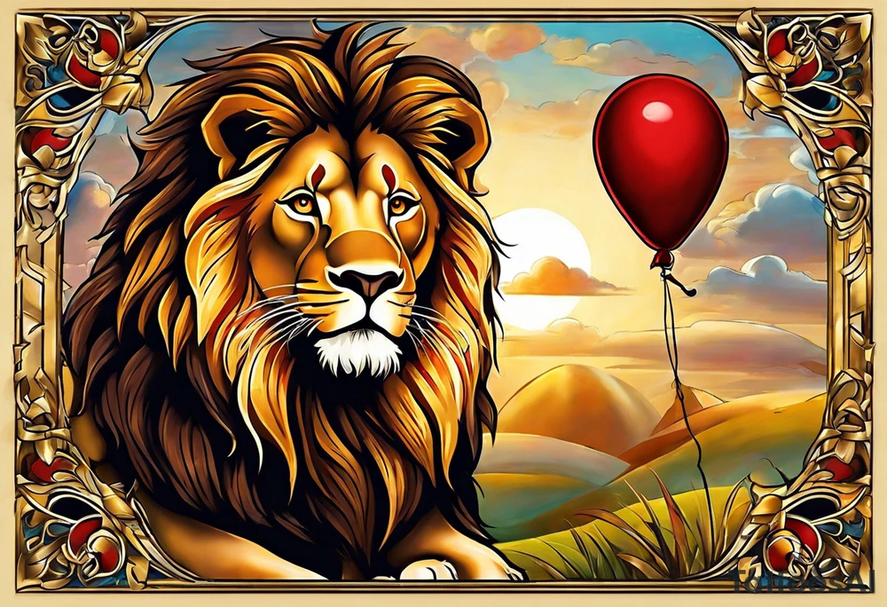 tattoo design should be in the layout of the famouse picture"small princ"  where it should remind me that I survived,and my life was saved by my husband, and he should be represented in the tattoo as a young lion holding a  balloon which is red and in Hearth shape. The whole body of lion should be visible and more abstract not so realistic.The lion is holding the string of the baloon in the muzzle. The string from the balloon should have a heartbeat pulse.The baloon should be red colored, and the rest of the image should be black only. tattoo idea