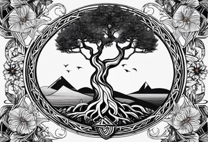 minimal Yggdrasil with roots 
3 line triangles behind tattoo idea