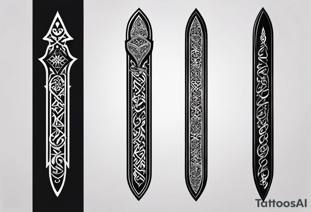 words in arabic calligraph in shape sword tattoo idea