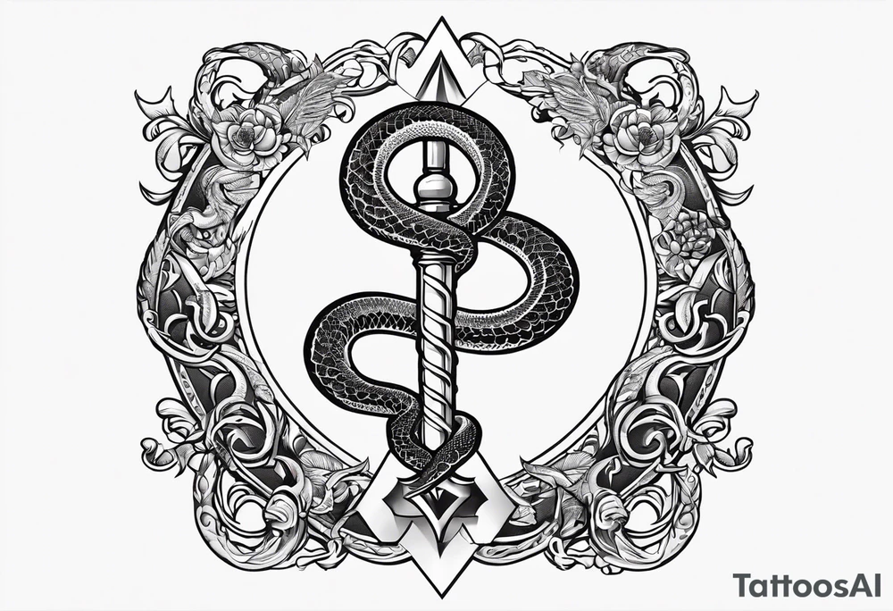 staff of caduceus snakes square and compass G tattoo idea