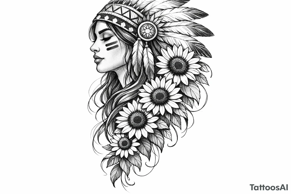 Tribal Indian with cascading sunflowers tattoo idea