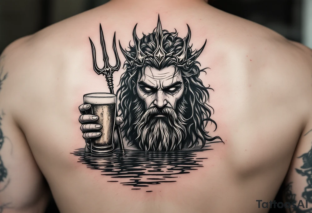 Drunk neptune with trident half way in calm water with a beer tattoo idea