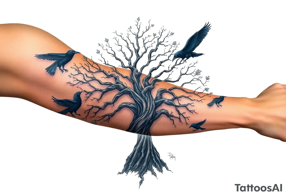 The Tree of Life, color infused, full forearm, ravens flying around it, tattoo idea