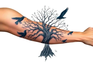 The Tree of Life, color infused, full forearm, ravens flying around it, tattoo idea