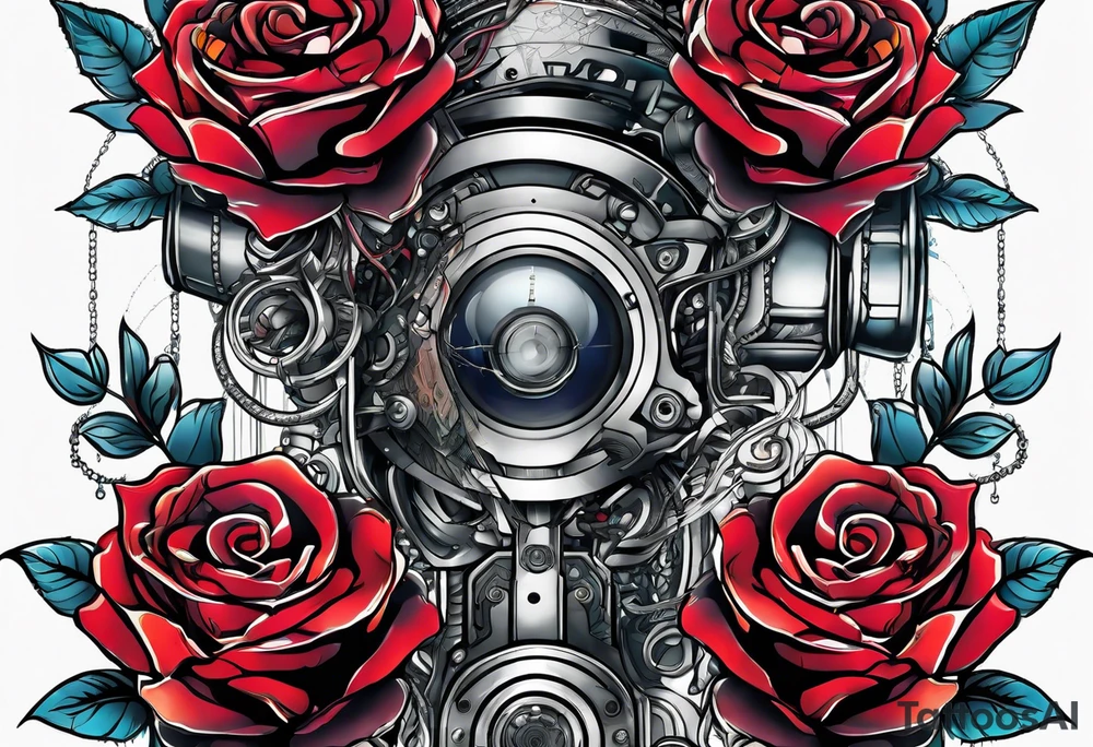 Blend roses and robotic circuitry for an arm sleeve tattoo idea