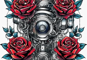 Blend roses and robotic circuitry for an arm sleeve tattoo idea