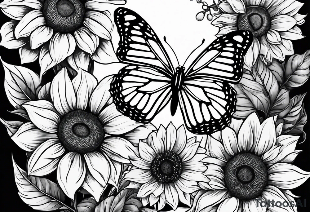 Arm sleeve with sunflowers and butterflies tattoo idea